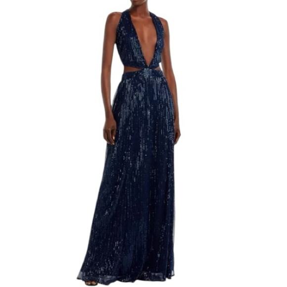 Ramy Brook Sequin Gown Size 14 Deep V Neck Navy Blue Retails $695 - Picture 5 of 10